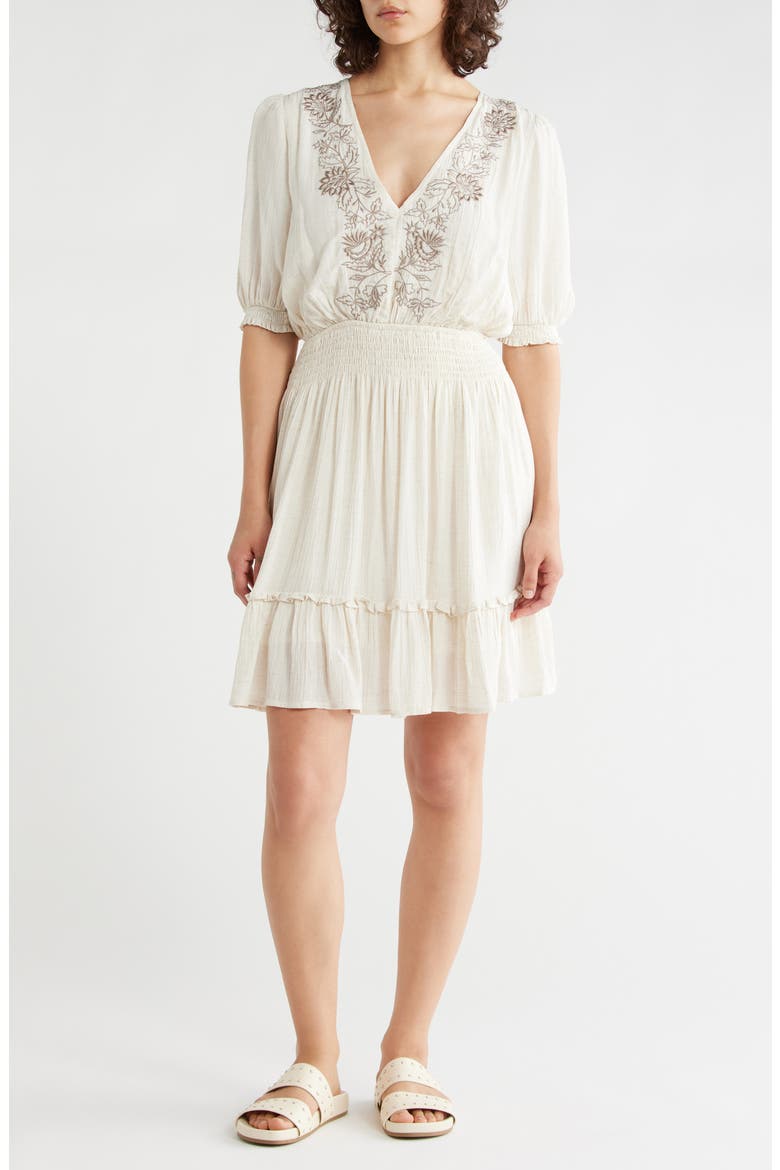 Bishop Sleeve Minidress, Main, color, OFF WHITE/ TAUPE