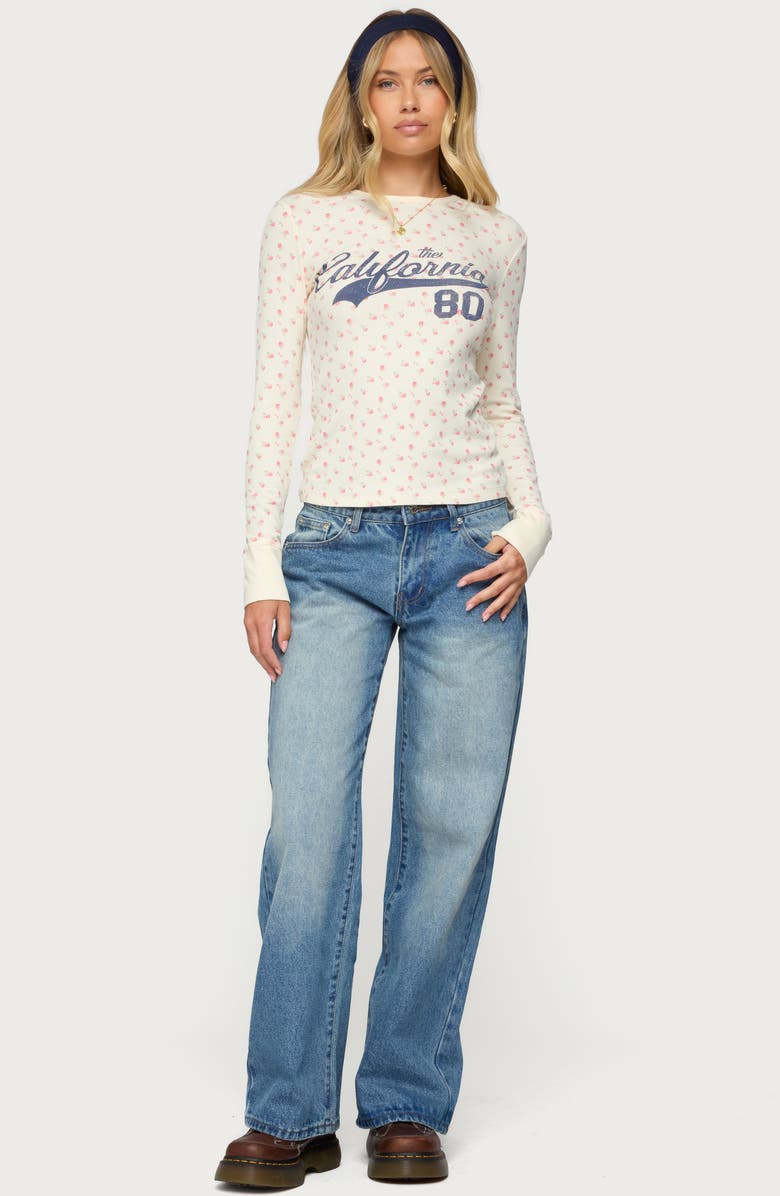 EDIKTED Cali Floral Rib Long Sleeve Top, Alternate, color, Cream