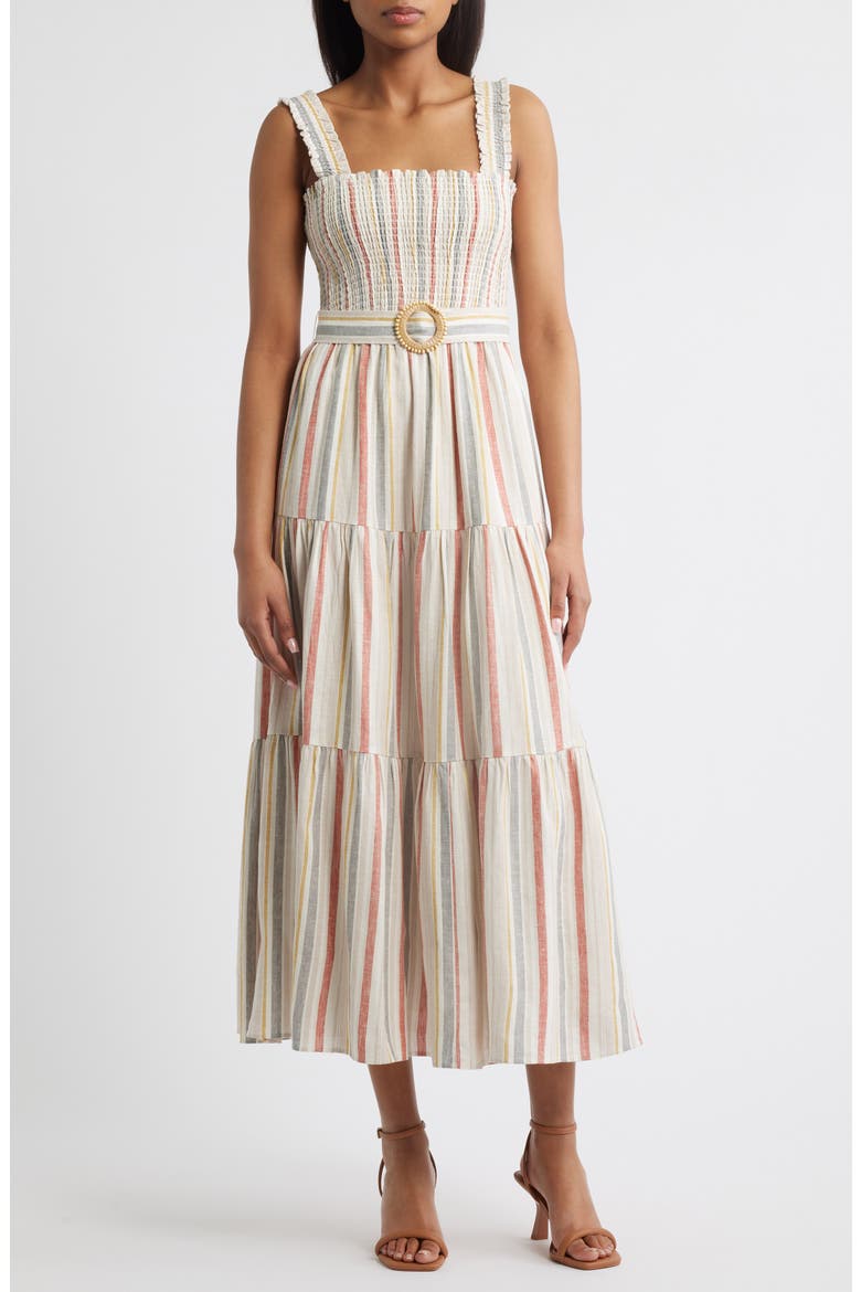 Smocked Bodice Belted Tiered Midi Sundress, Main, color, EGRET MULTI