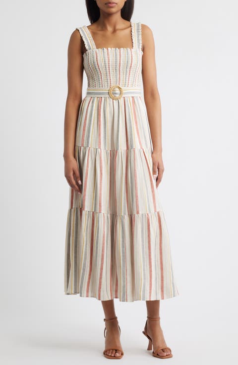 Smocked Bodice Belted Tiered Midi Sundress