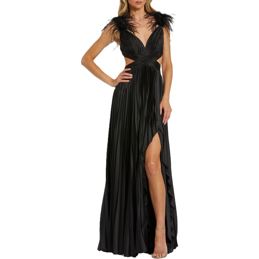 Mac Duggal Feather Detail Cutout Pleated Gown In Black