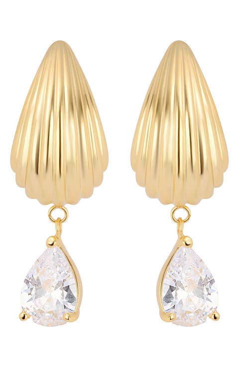 Cubic Zirconia Drop Fluted J-Hoop Earrings
