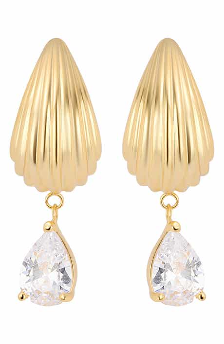 Cubic Zirconia Drop Fluted J-Hoop Earrings