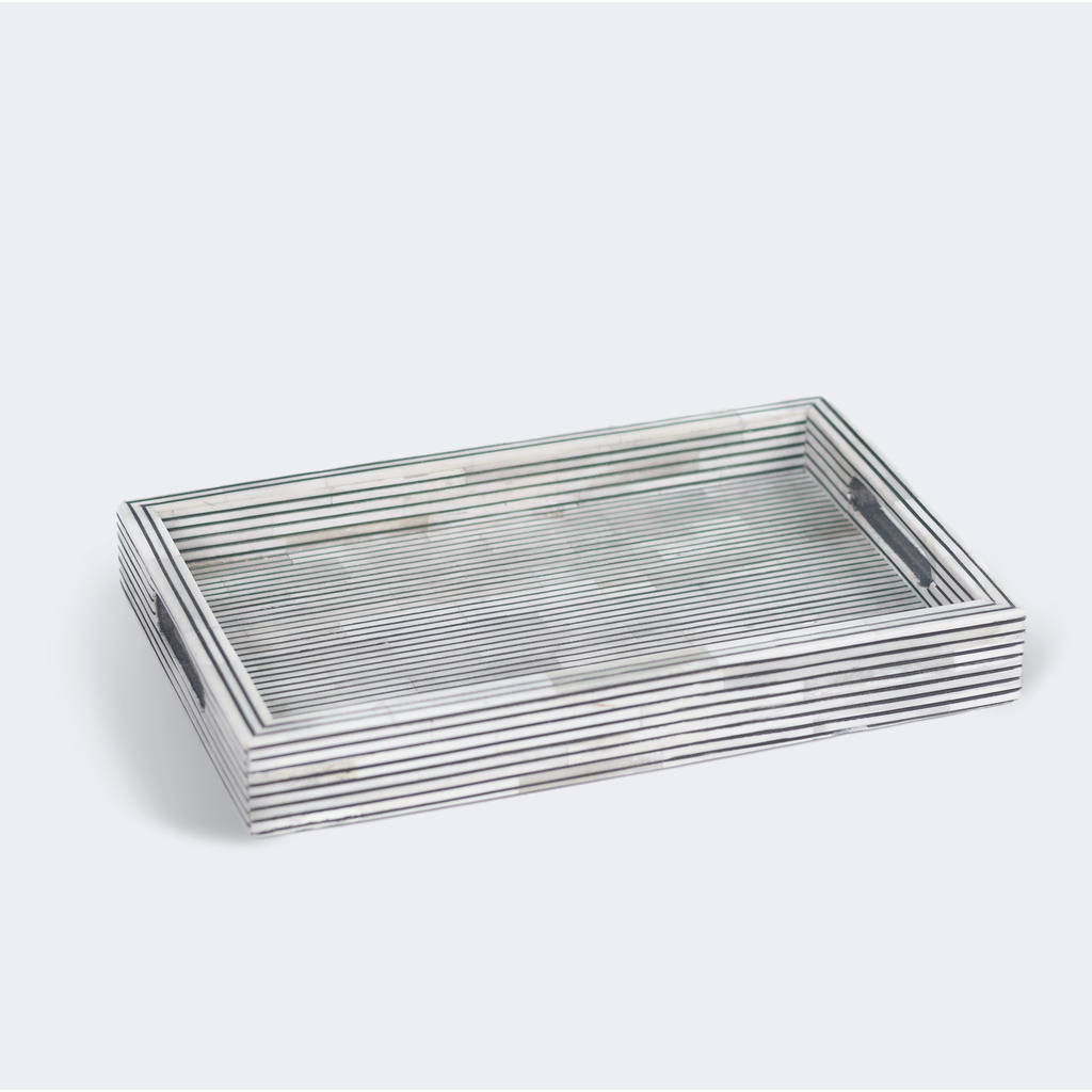 Mela Artisans Pinstripe Inlay Tray & Coasters Gift Box Set In Black/grey Pinstripe
