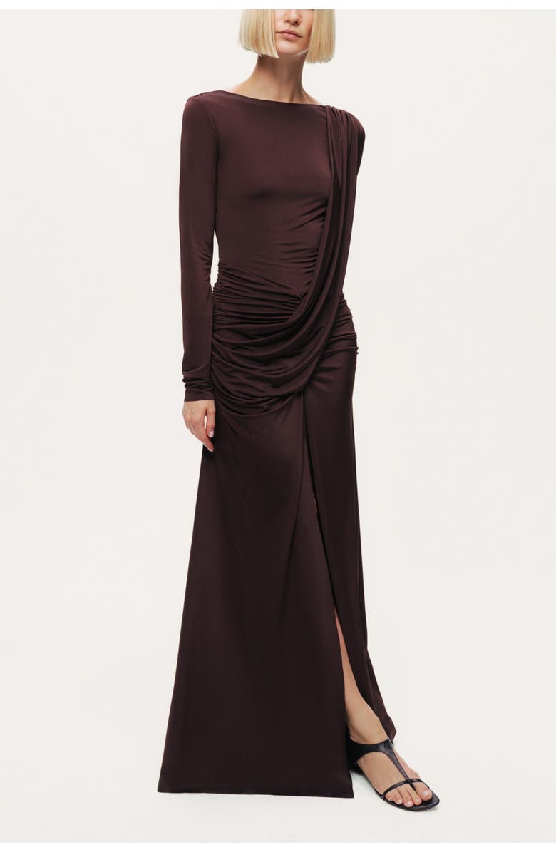 Nocturne Asymmetric Draped Open-Back Dress, Alternate, color, Dark Brown