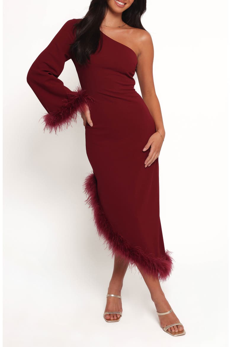 Dame Feather Trim Single Long Sleeve Midi Cocktail Dress, Main, color, DEEP WINE