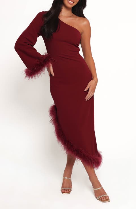 Dame Feather Trim Single Long Sleeve Midi Cocktail Dress