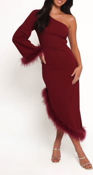 Petal & Pup Dame Feather Trim Single Long Sleeve Midi Cocktail Dress