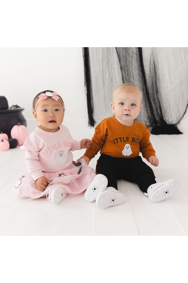 Pink Little Boo Patch Halloween Long Sleeve Romper, Alternate, color, Ballet Pink