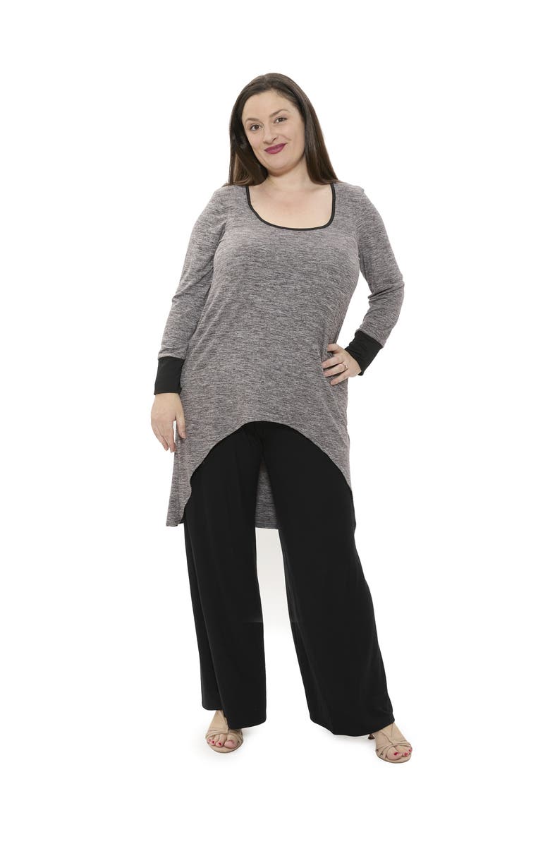 24seven Comfort Apparel Plus Size Two Tone Scoop Neck Long Sleeve High Low Top and Pant Set, Main, color, Black