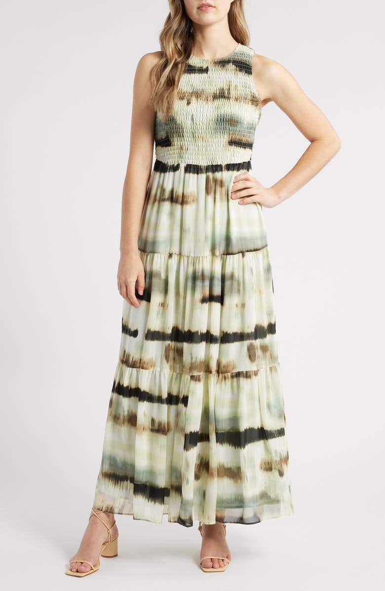 Anne Klein Abstract Print Sleeveless Tiered Maxi Dress, Main, color,
