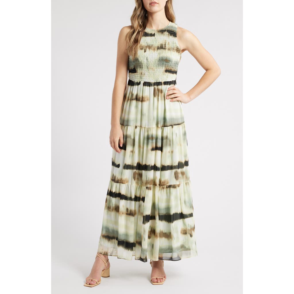 Anne Klein Abstract Print Sleeveless Tiered Maxi Dress In White