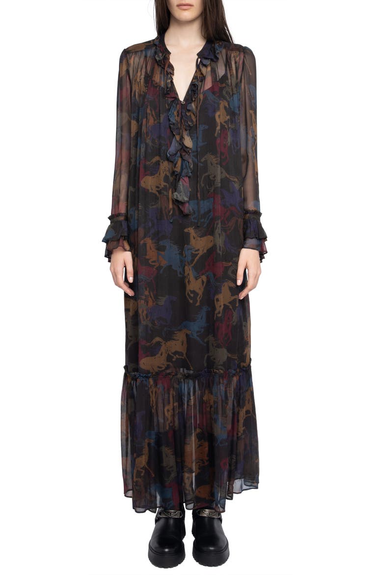 Ralicel Horse Print Long Sleeve Dress, Main, color, DARK CHOCOLATE