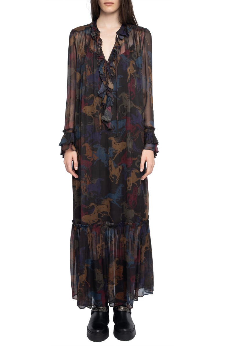 Zadig & Voltaire Ralicel Horse Print Long Sleeve Dress, Main, color, Dark Chocolate