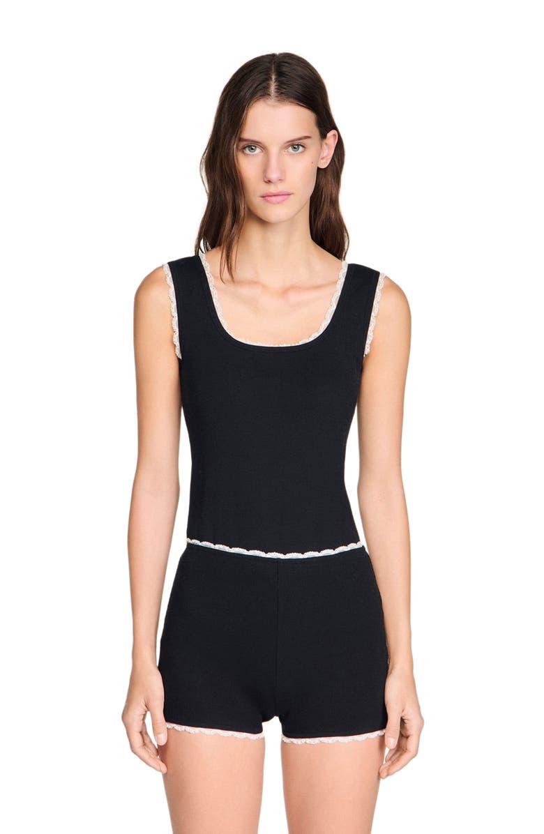 SANDRO Beaded embroidered ribbed shorts, Main, color, Black