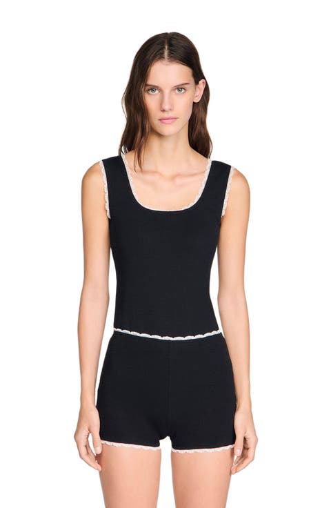 Beaded embroidered ribbed shorts