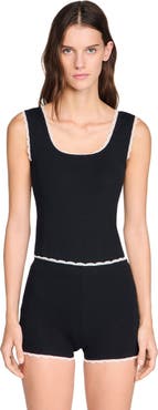 SANDRO Beaded embroidered ribbed shorts