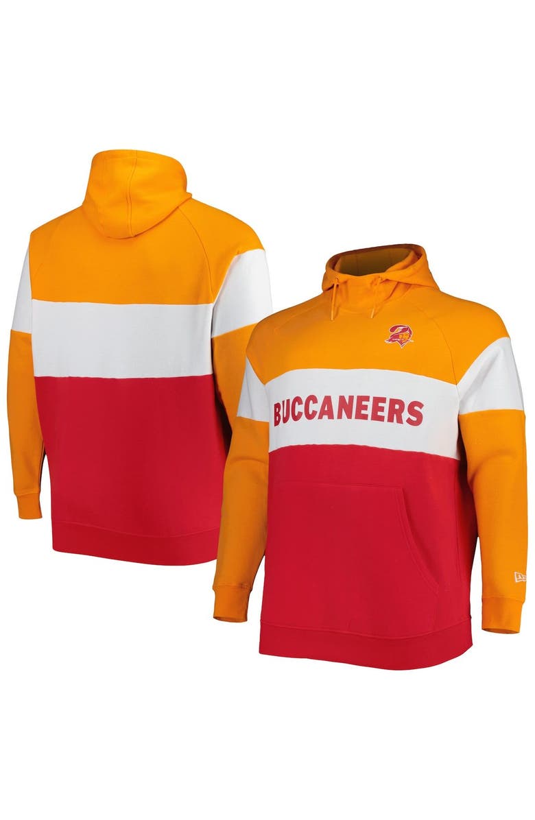 New Era Men's New Era Orange/Red Tampa Bay Buccaneers Big & Tall Throwback Colorblock Fleece Raglan Pullover Hoodie, Main, color, Red