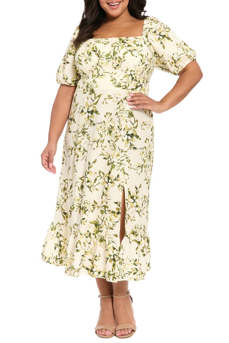 Floral Puff Sleeve Empire Waist Linen Blend Dress, Main, color, IVORY/ DEEP OLIVE