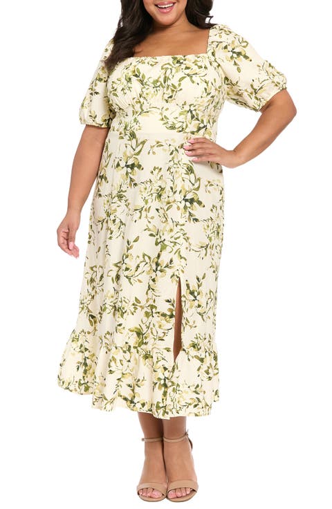 Floral Puff Sleeve Empire Waist Linen Blend Dress (Plus)
