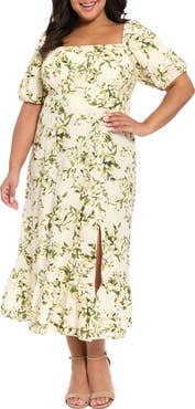 London Times Floral Puff Sleeve Empire Waist Linen Blend Dress