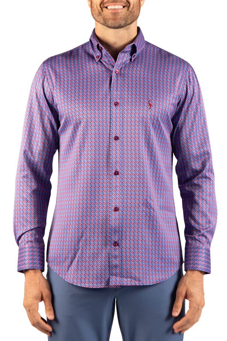 Geo Windmill Performance Button Down Shirt, Main, color, BLUE