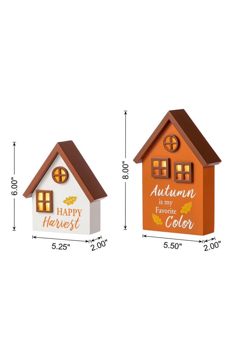Set of 2 Lighted Fall Wooden House-shaped Table Decor, Alternate, color, Orange
