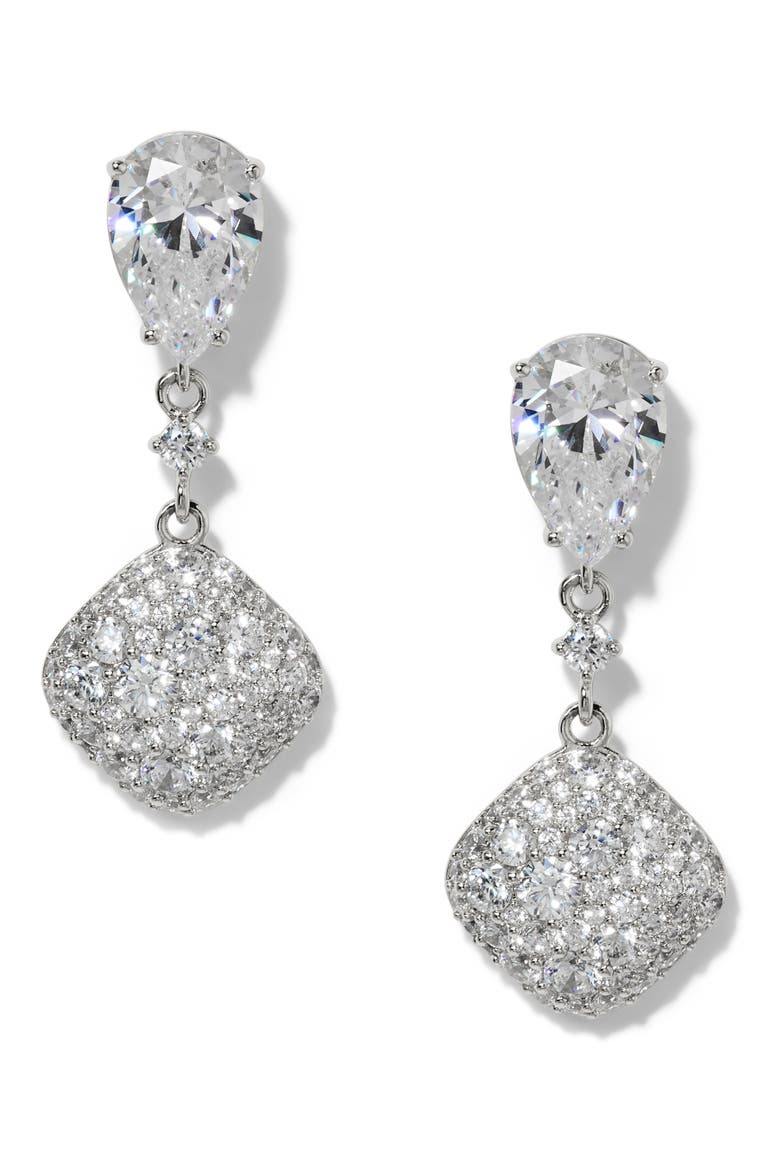 Crushed Pavé Cubic Zirconia Drop Earrings, Alternate, color, RHODIUM