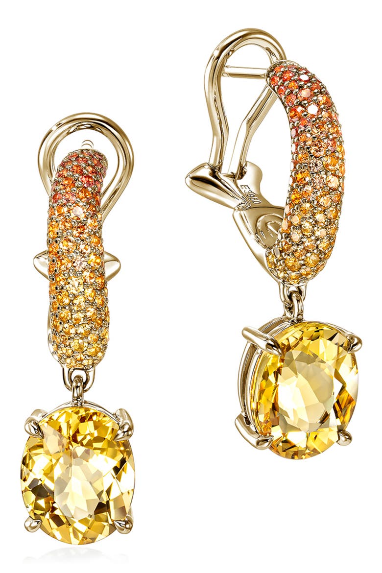 Artisan Series 18k Gold Yellow Beryl & Sapphire Drop Hoop Earrings, Main, color, GOLD