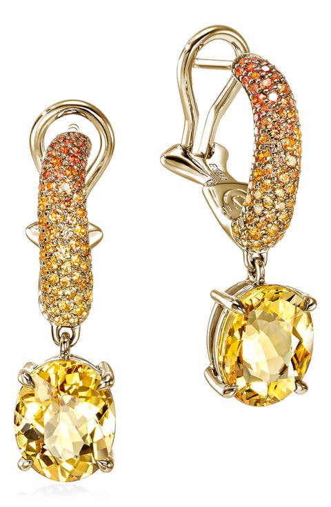 Artisan Series 18k Gold Yellow Beryl & Sapphire Drop Hoop Earrings
