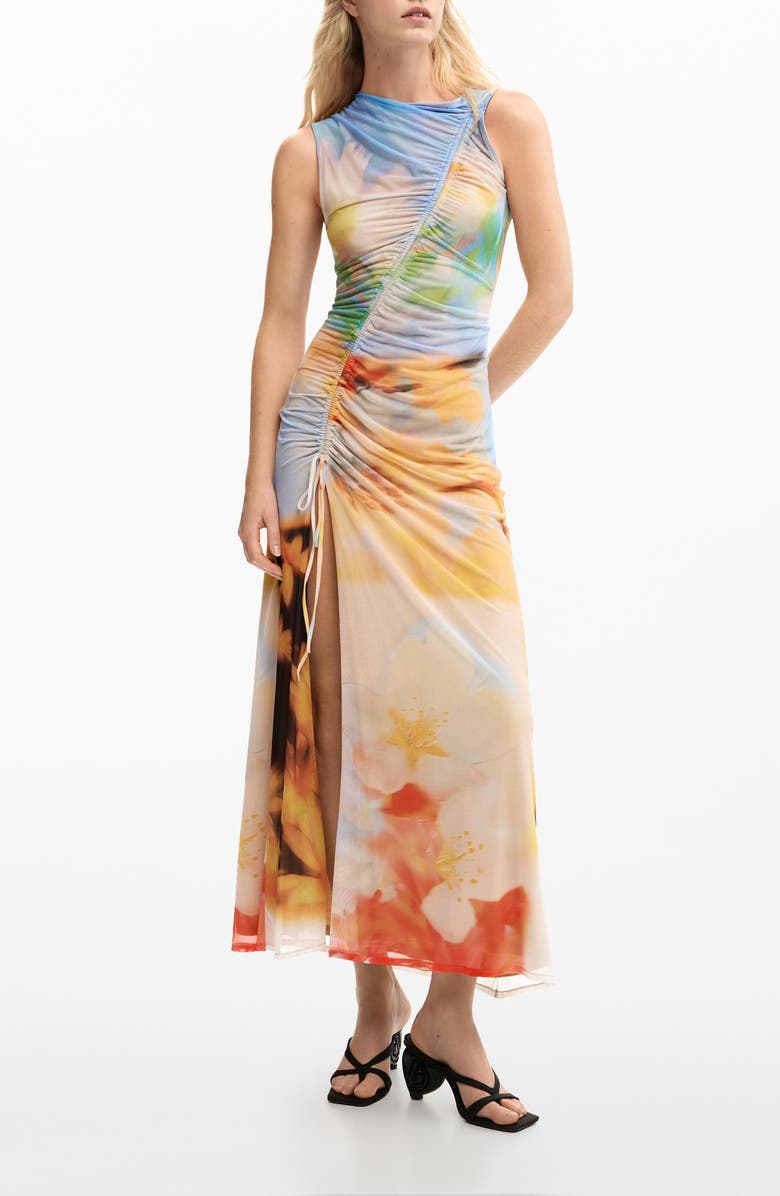 Desigual Abstract Print Ruched Midi Dress, Main, color, Yellow Multi
