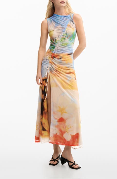 Abstract Print Ruched Midi Dress