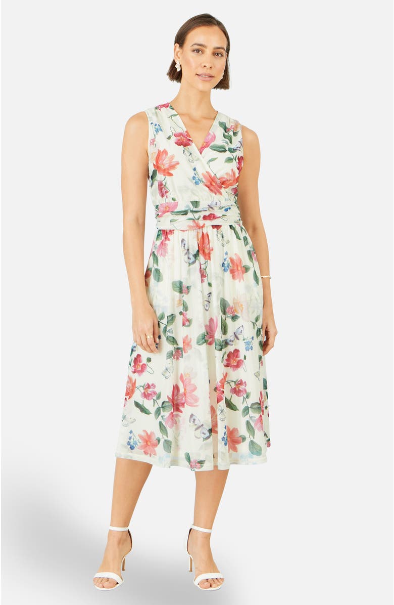 Yumi Floral Print Mesh Stretch Midi Dress, Alternate, color, Ivory