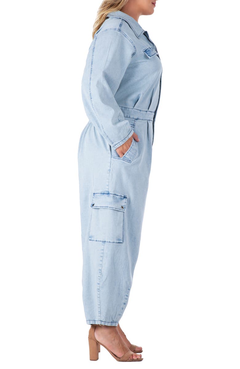 Standards & Practices Cargo Long Sleeve Denim Jumpsuit, Alternate, color, Bleached Blue