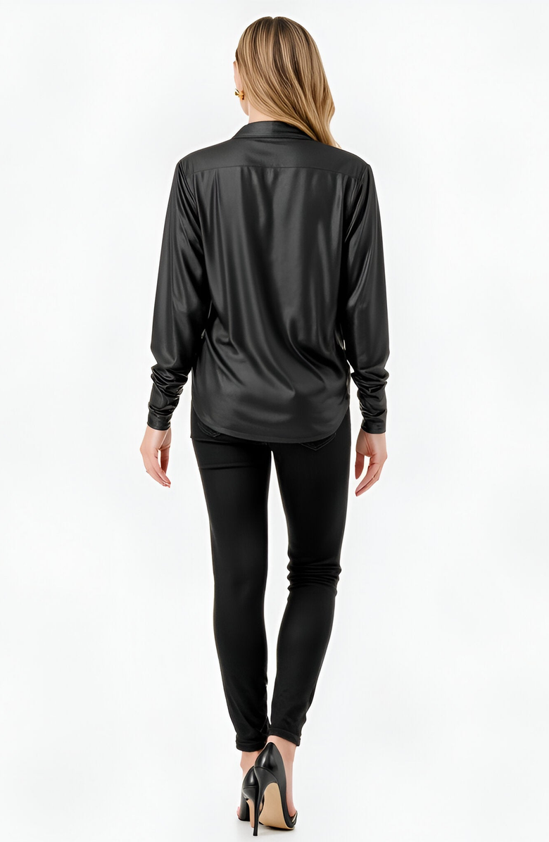 Modenaire Draped Satin Long-Sleeve Surplice Deep V-Neckline Blouse, Alternate, color, 