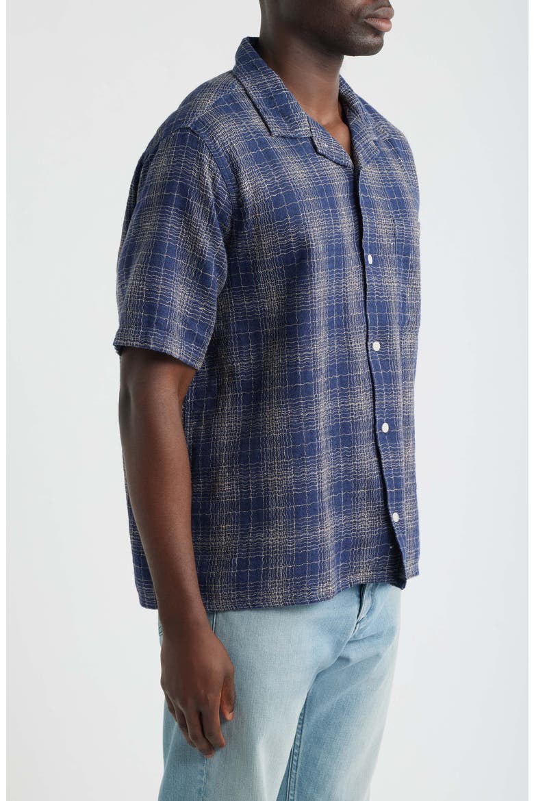 Wavy Plaid Short Sleeve Cotton & Linen Camp Shirt, Alternate, color, NAVY