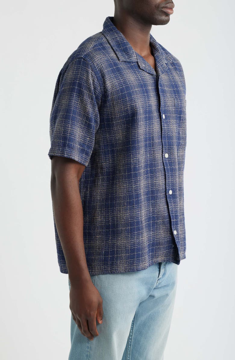Corridor Wavy Plaid Short Sleeve Cotton & Linen Camp Shirt, Alternate, color, Navy