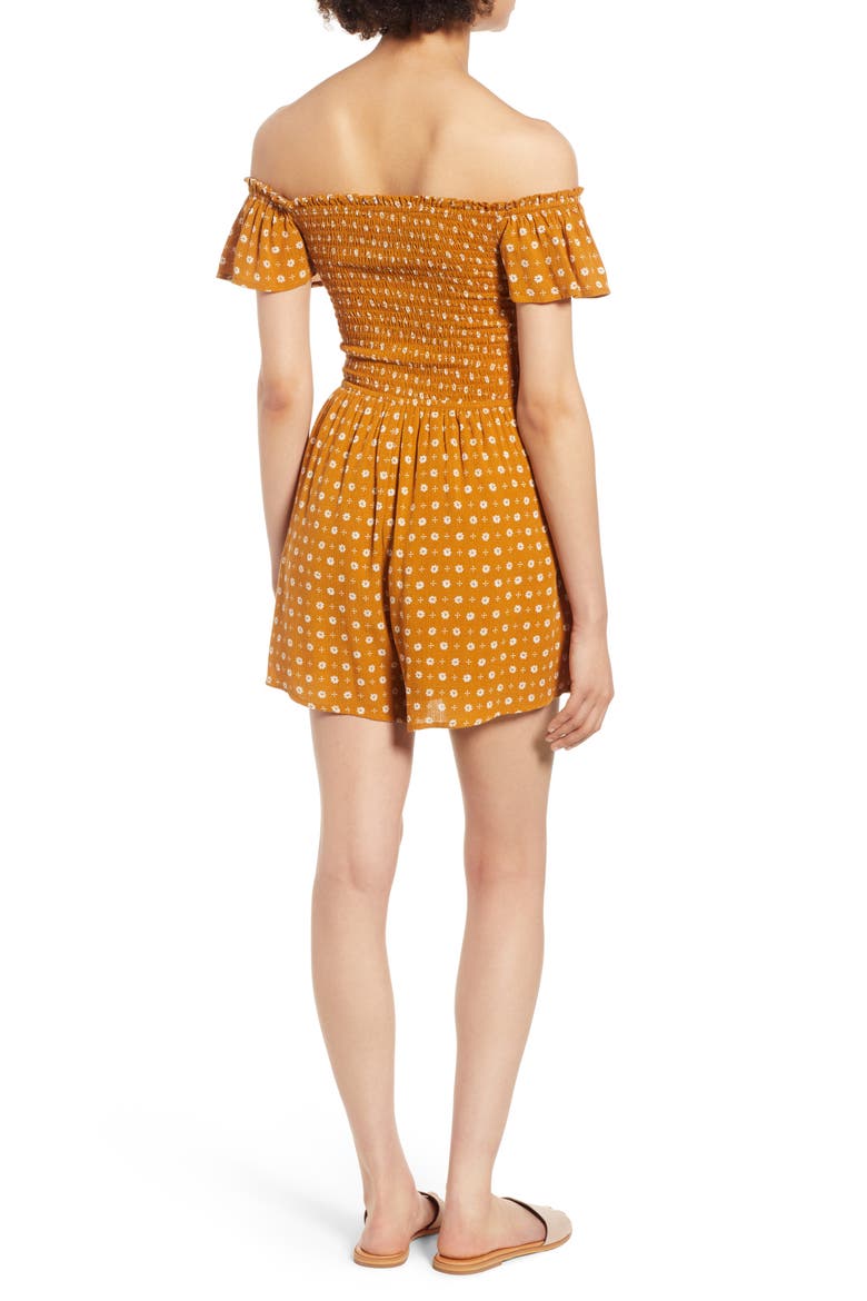 Smocked Off the Shoulder Romper, Alternate, color, MUSTARD FLORAL