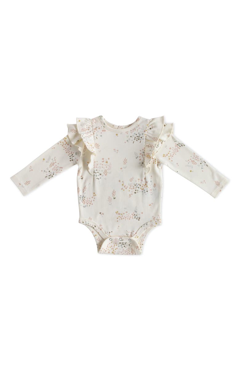 Pehr Ruffle Organic Cotton Bodysuit, Main, color, White/ Flower Patch