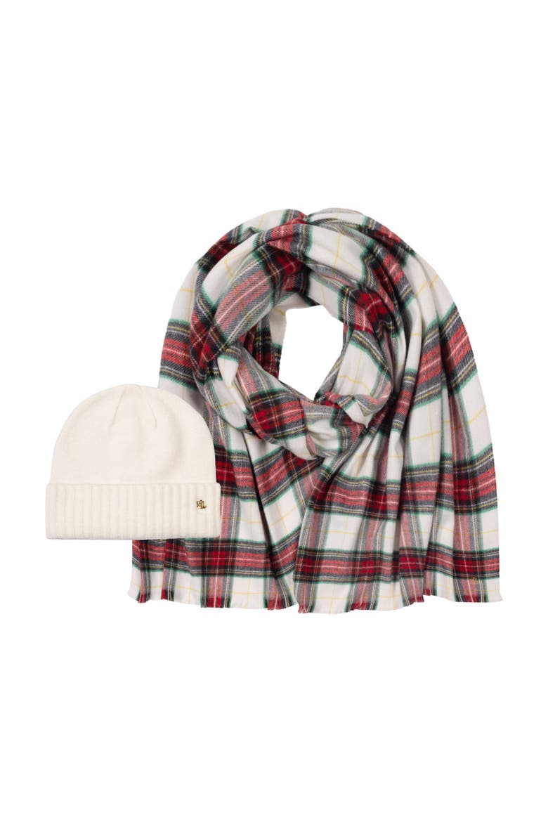 woven scarf and knit hat gift set, Alternate, color, cream stewart