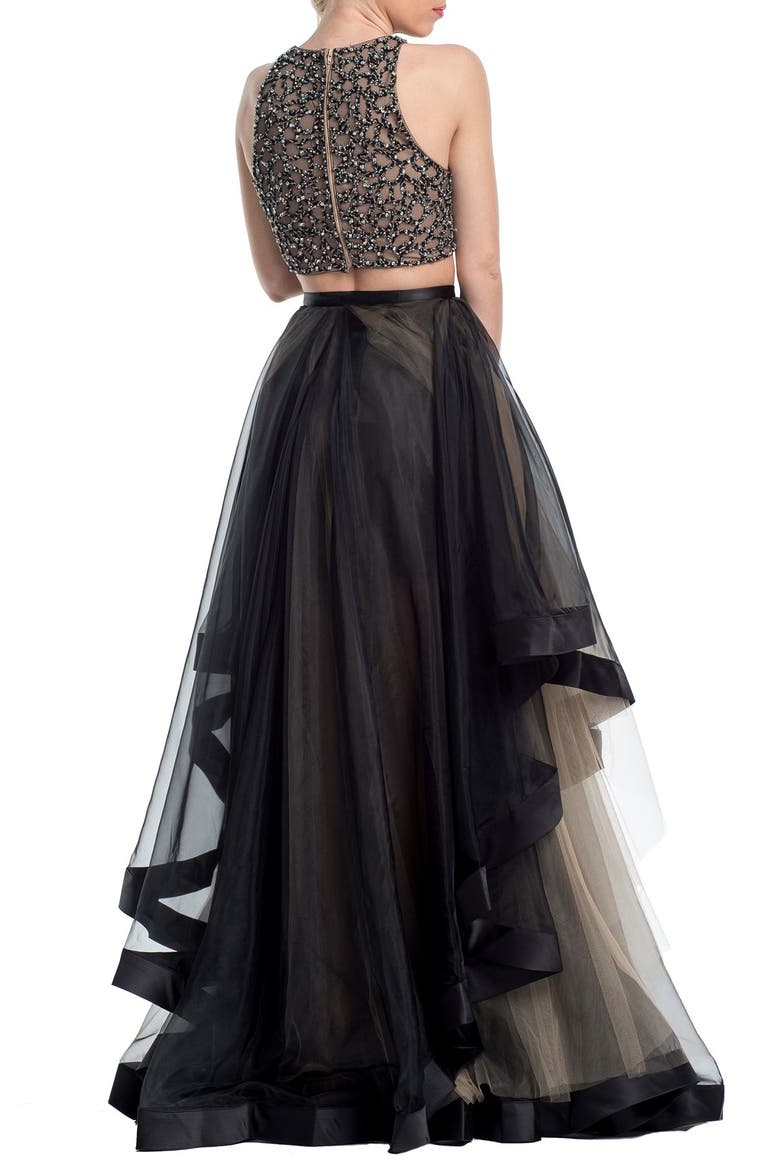 Beaded Top & Organza Two-Piece Ballgown, Alternate, color, BLACK/ NUDE