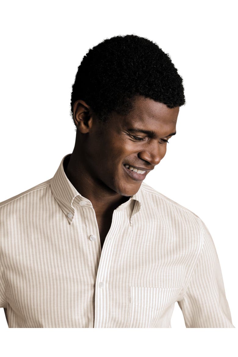 Slim Fit Button-Down Collar Non-Iron Stretch Stripe Oxford Shirt, Alternate, color, Taupe