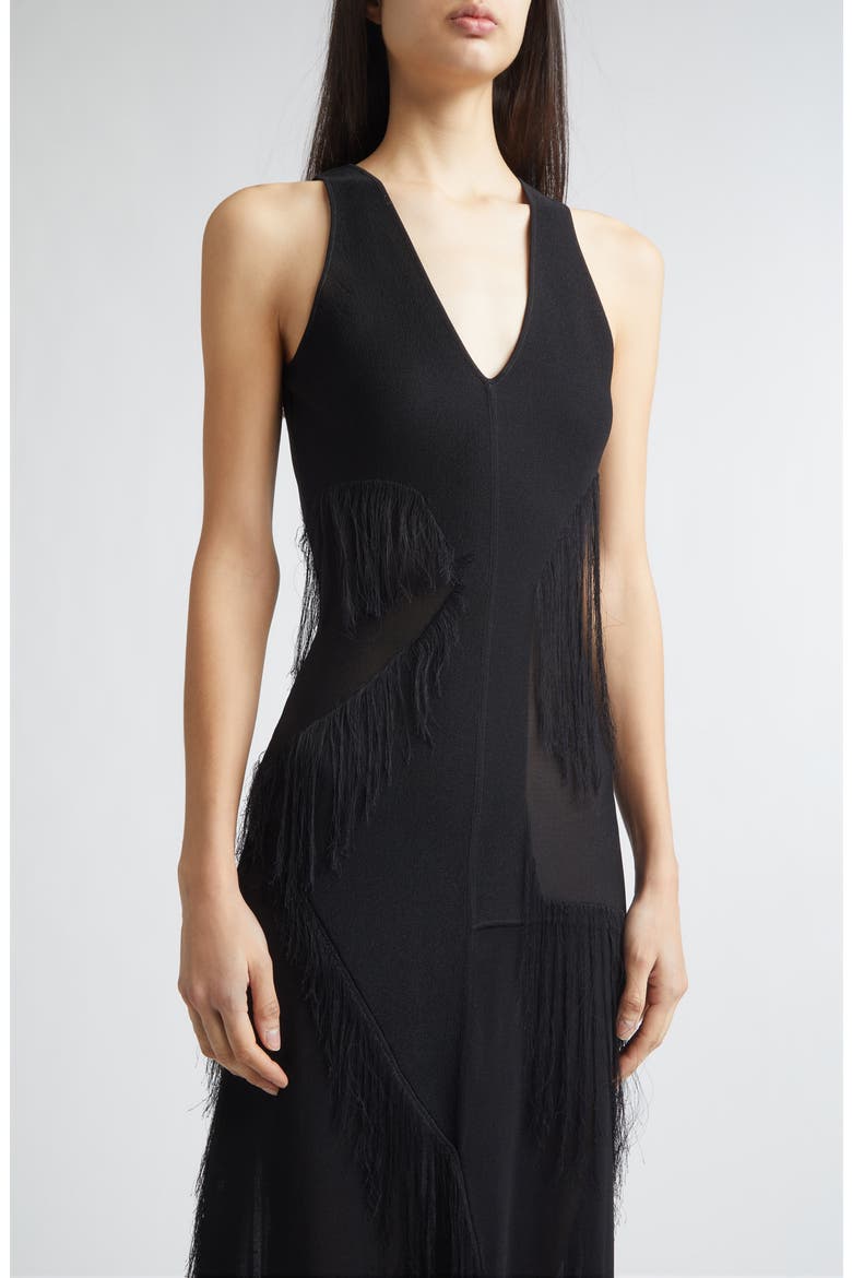 Sleeveless Fringe Knit V-Neck Midi Dress, Alternate, color, BLACK