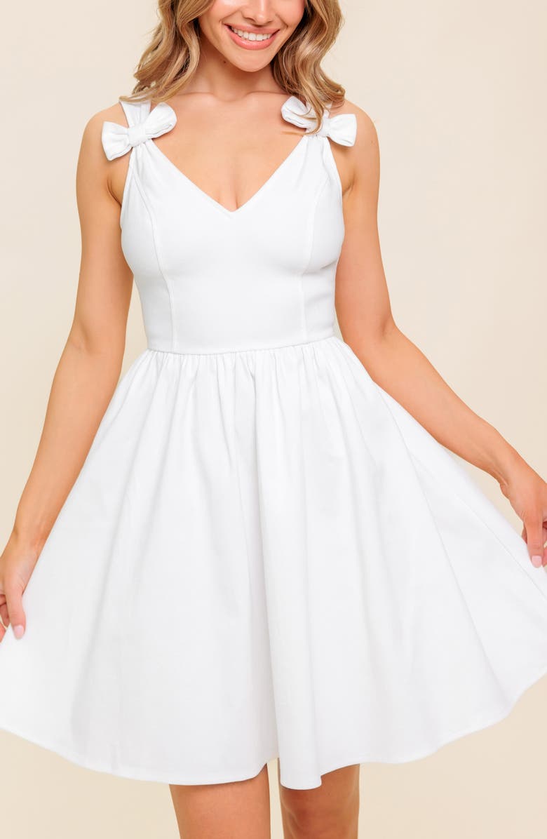 FLYING TOMATO Bow Strap Twill Minidress, Alternate, color, White Denim