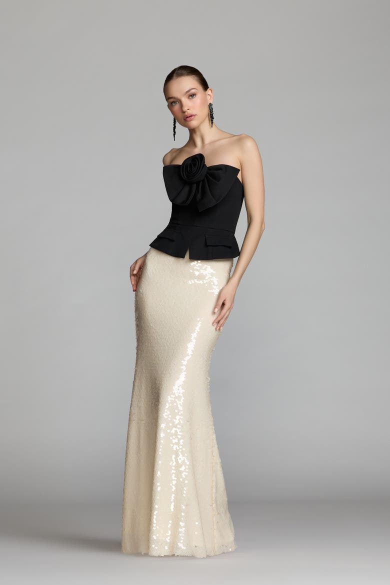 Strapless Rosette Crepe and Sequin Gown, Alternate, color, Black Ivory