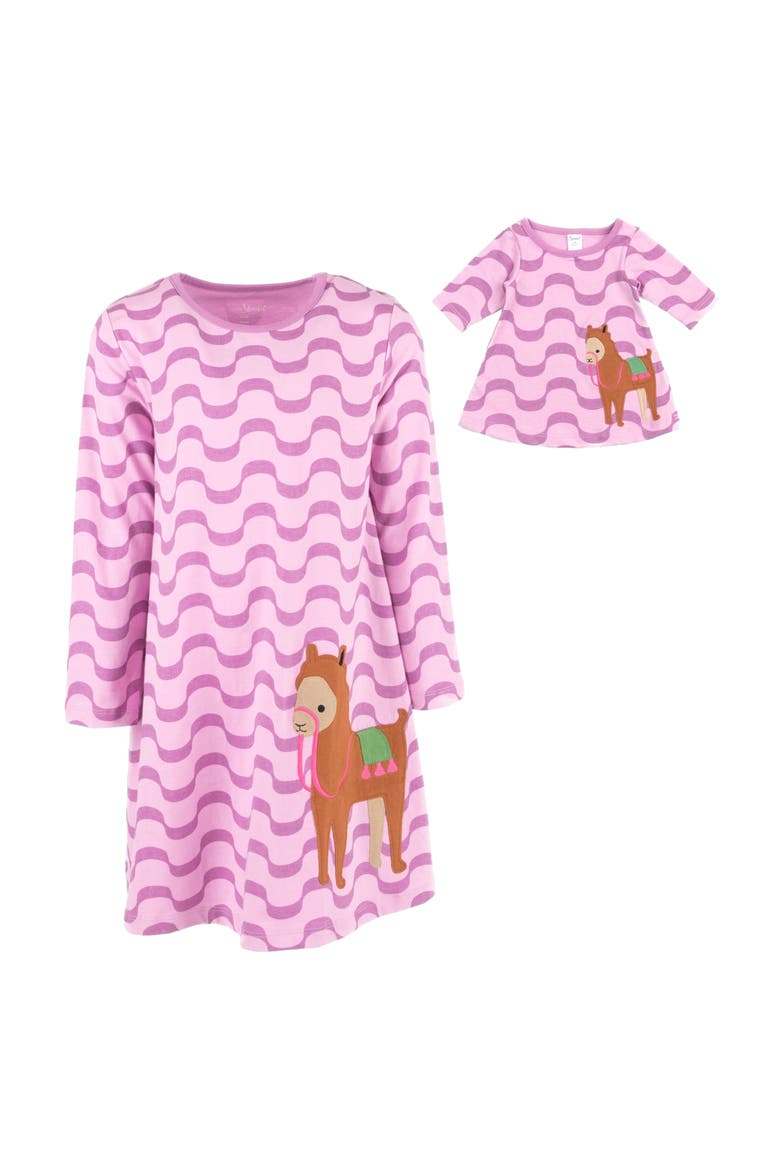 Girls Cotton Dress with Matching Doll Dress, Printed Design, Alternate, color, LLAMA