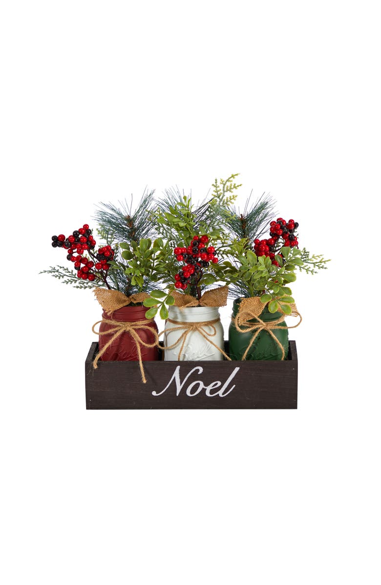 NEARLY NATURAL 12-in Holiday Winter Pine and Berries Three Piece Mason Jar Noel Table Christmas Artificial Arrangement Décor, Main, color, Green/Red