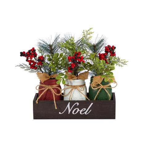 12-in Holiday Winter Pine and Berries Three Piece Mason Jar Noel Table Christmas Artificial Arrangement Décor