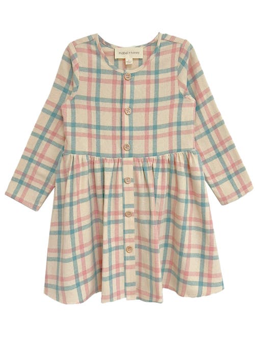 Mabel + Honey Kids' Mabel And Honey Phoebe Toddler Long-sleeve Plaid Dress With Wood-style Buttons, Pink. In Neutral