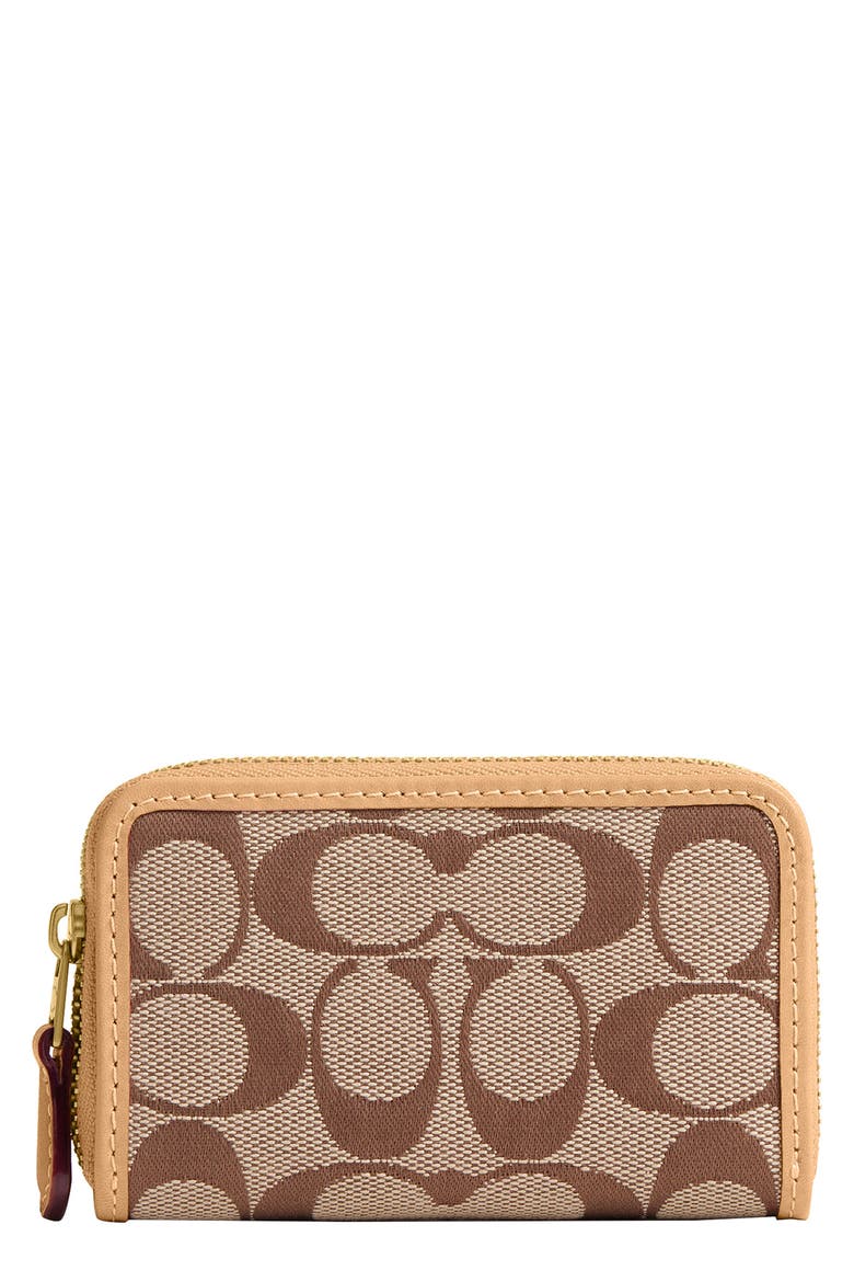 Small Essential Signature Jacquard & Leather Zip Around Card Holder, Main, color, KHAKI LIGHT PEACH